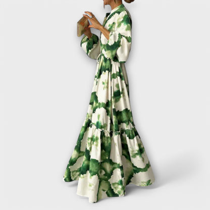 Melina - Green long-sleeved maxi dress with a v-neck