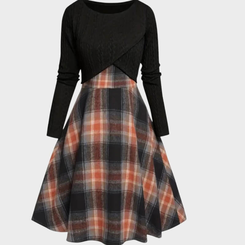 Clara – Vintage Plaid Dress with Crop Top Set
