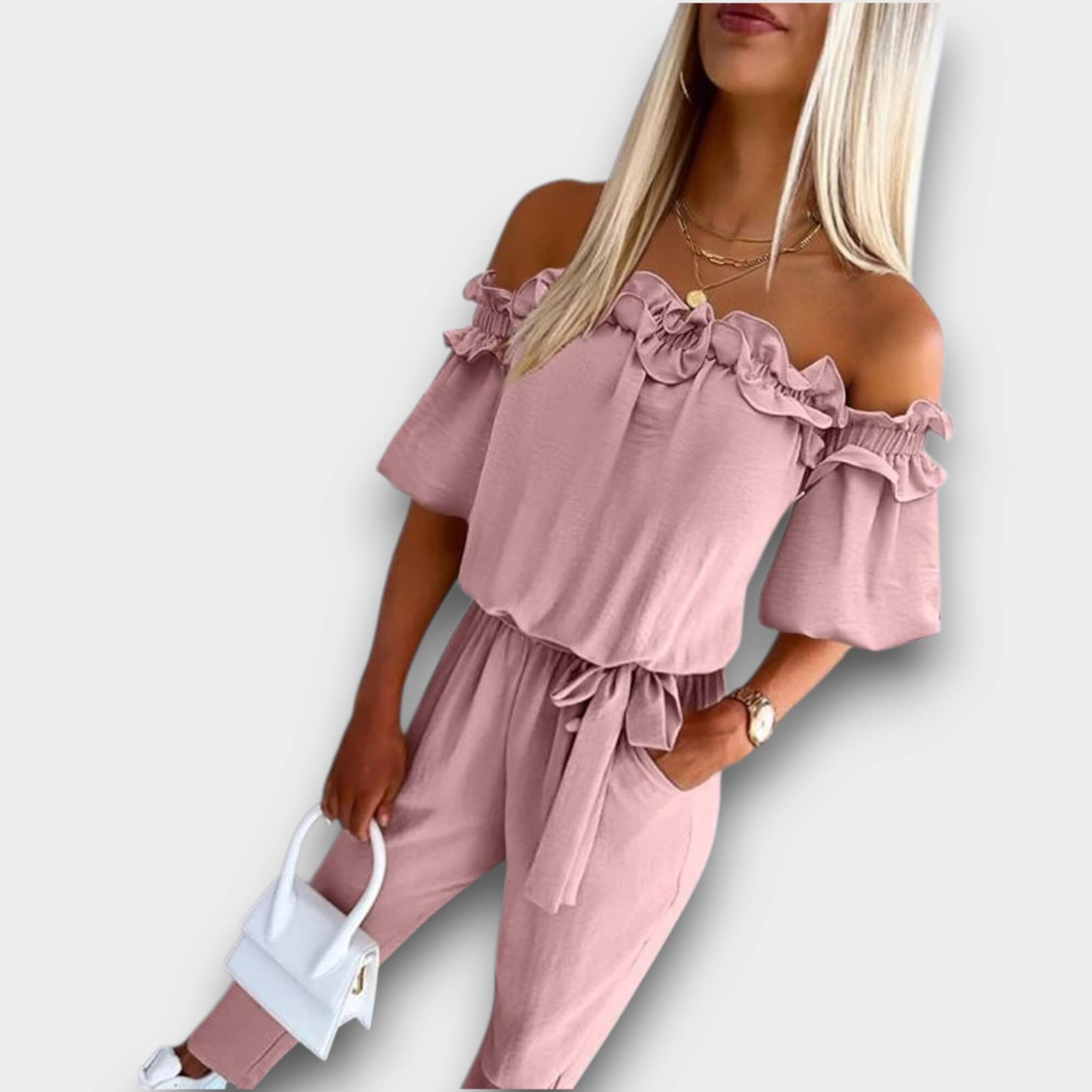 Aria – Off-Shoulder Frill Tie-Waist Jumpsuit